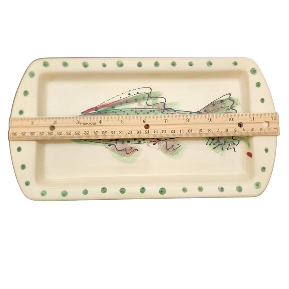 Liston Fish Platter Plate Small Signed 2003 12" x 9.5" Beige Pink Green Handmade - Picture 5 of 9